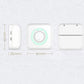 Pocket thermal printer, white body with mint green ring; side, front views with size marks