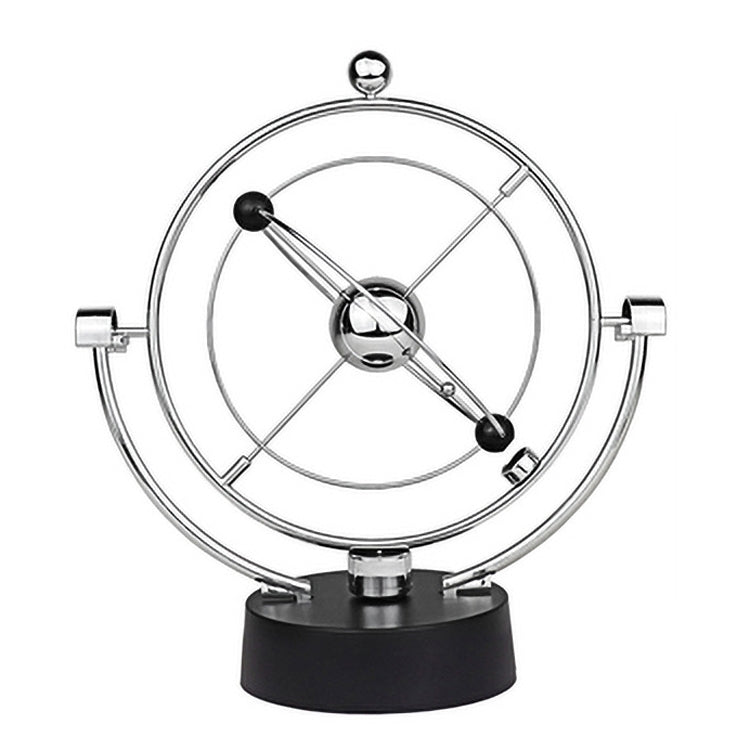 Rotating magnetic globe ornament with silver ring frame, black base, and metal globe