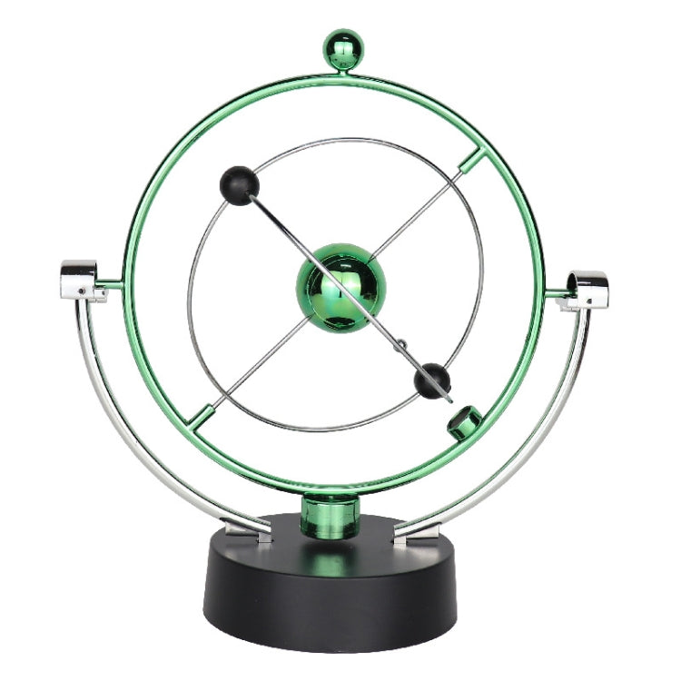 Rotating magnetic globe ornament with green outer ring, metal globe, and black base