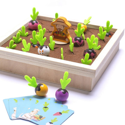 Wooden memory chess board with brown felt, green carrot pieces, and character tiles
