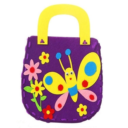 Purple non-woven DIY hand-sewn bag with butterfly and flower appliques, yellow handle