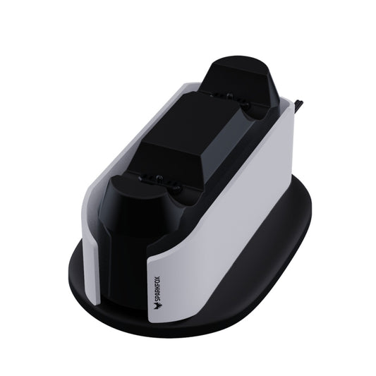 Dual charging stand with two cradle slots for controllers, black and white.