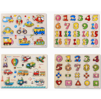Wooden transport and number puzzle board set with vehicle icons and digits 1–20