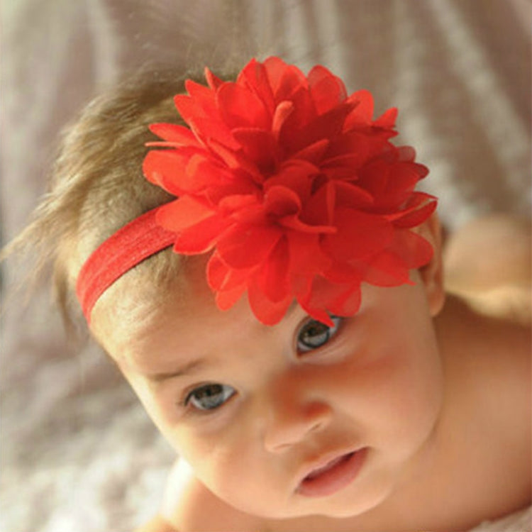 Red elastic baby girl headband with large red layered flower centerpiece