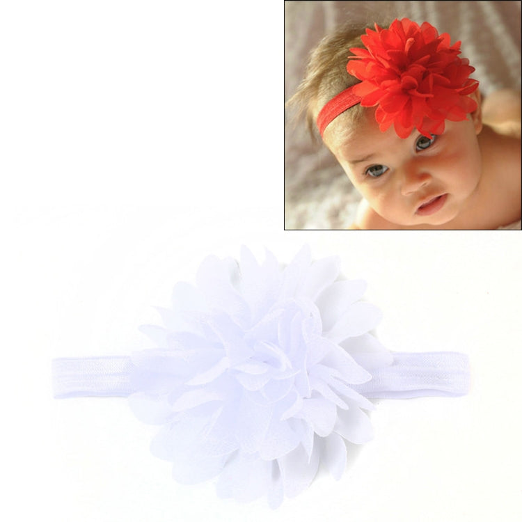 White elastic baby girl hairband with large white fabric flower centerpiece