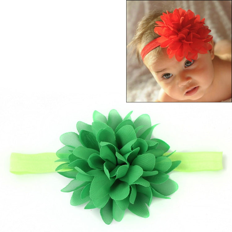 Bright green elastic baby girl hairband with large green fabric flower centerpiece