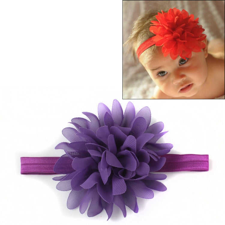 Purple elastic baby girl hairband with large purple fabric flower centerpiece