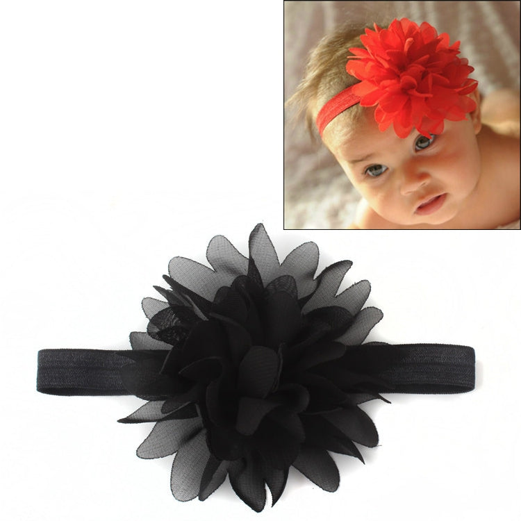 Black elastic baby girl hairband with large black fabric flower centerpiece