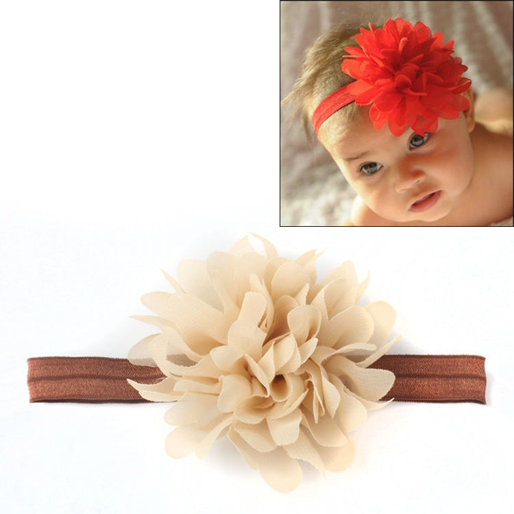 Beige elastic baby girl hairband with large beige fabric flower on brown band