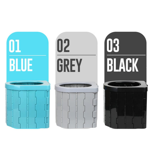 Set of three folding portable toilets in blue, gray, and black
