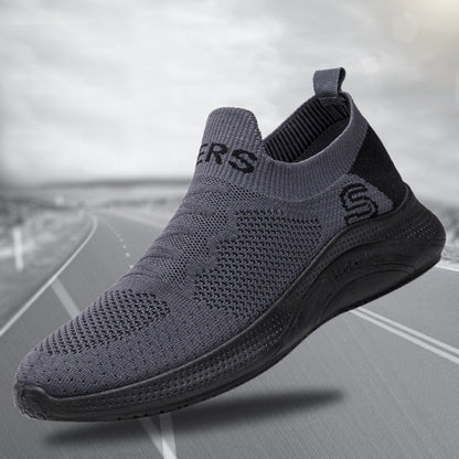 Dark gray knit slip-on sports shoe for men, elastic collar, textured sole