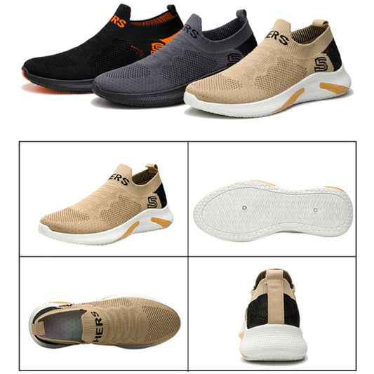Three-color knit slip-on sports shoes for men: black, gray, and beige