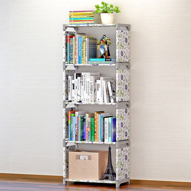 Children's bookshelf storage rack, gray frame with patterned side panels, four tiers