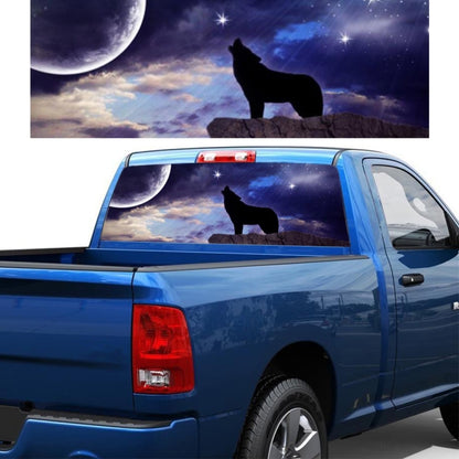 Rear windshield sticker decal with moon and standing dog silhouette on blue night sky