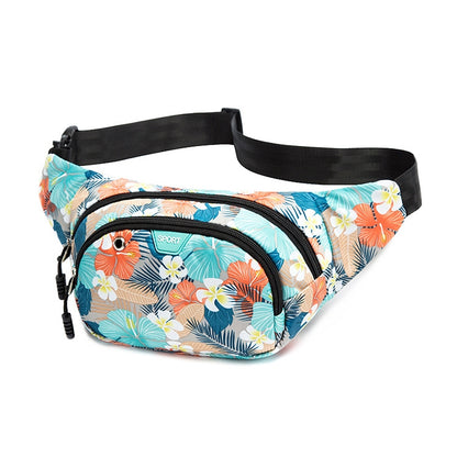 Women’s floral running waist bag with black adjustable strap and zip front pocket