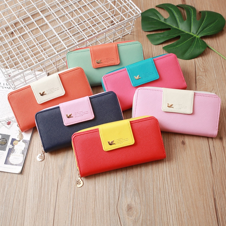 Long zipper wallet set showing multiple colors, each with a front card pocket and logo.