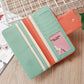 Two-fold long zipper wallet with mint green exterior and multiple card compartments inside.