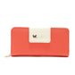 Long zipper wallet in coral red with cream center label and gold-tone logo.