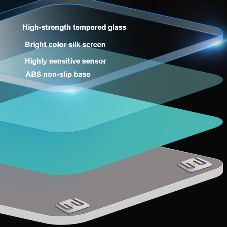 Teal smart electronic scale with bright blue LED-style highlights and glass top