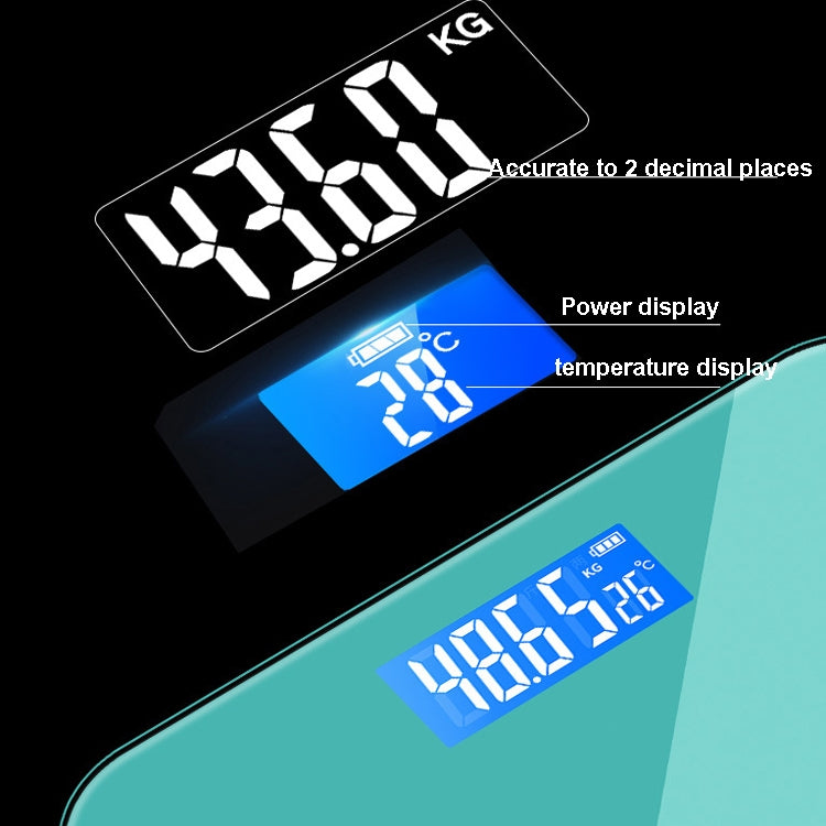 Teal smart scale with large blue digital display showing weight in kg