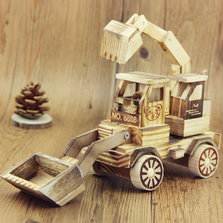 Wooden model excavator toy ornament with open cab and front bucket, light wood