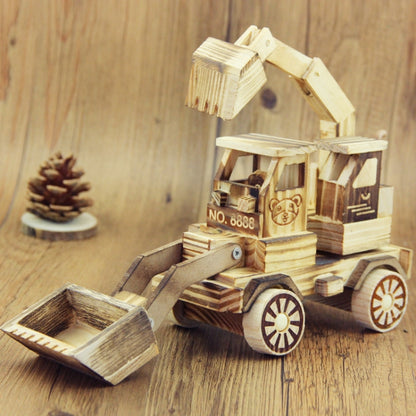 Wooden model excavator toy ornament with open cab and front bucket, light wood