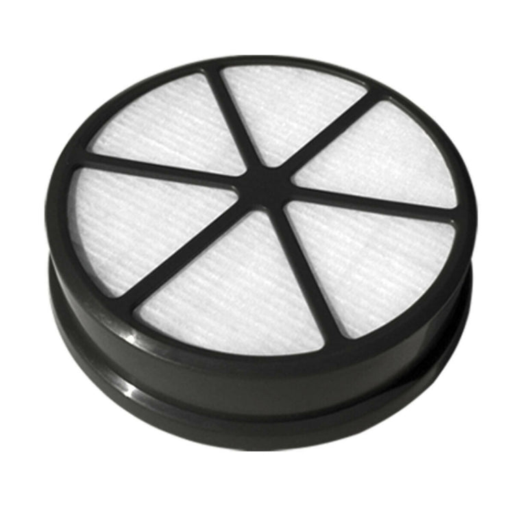 Circular HEPA vacuum filter with black frame and pleated white media