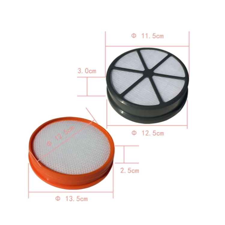 HEPA vacuum filter kit with size diagram: black and orange circular filters, 2 pcs