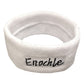 White knitted sweat-absorbent headband with Enochle logo, wide elastic band