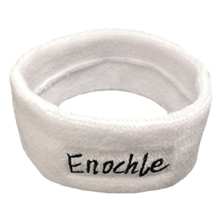 White knitted sweat-absorbent headband with Enochle logo, wide elastic band