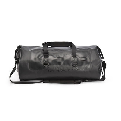Black waterproof motorcycle travel duffel bag with top handle and side straps, 40L