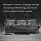 Black waterproof motorcycle duffel bag with wide carry handle and front strap buckles