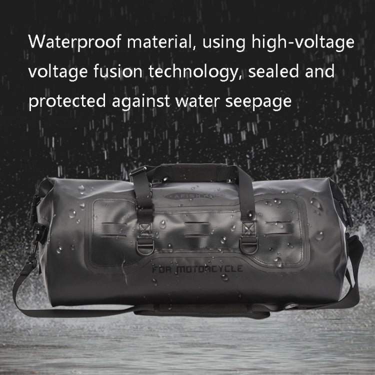 Black waterproof motorcycle duffel bag with wide carry handle and front strap buckles