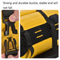 Yellow and black waterproof duffel bag buckle closure with adjustable webbing straps