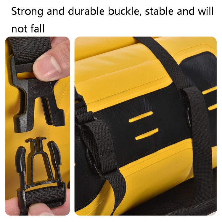 Yellow and black waterproof duffel bag buckle closure with adjustable webbing straps