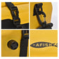 Yellow waterproof duffel corner with D-ring hardware and reinforced webbing
