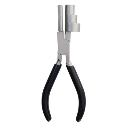 Mini 3-section round nose pliers with black handles and silver metal jaws