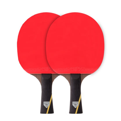 Table tennis racket pair with red rubber faces and dark wood handles