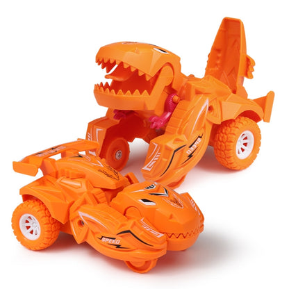 Orange dinosaur-themed deforming toy car with chunky wheels and molded jaw details