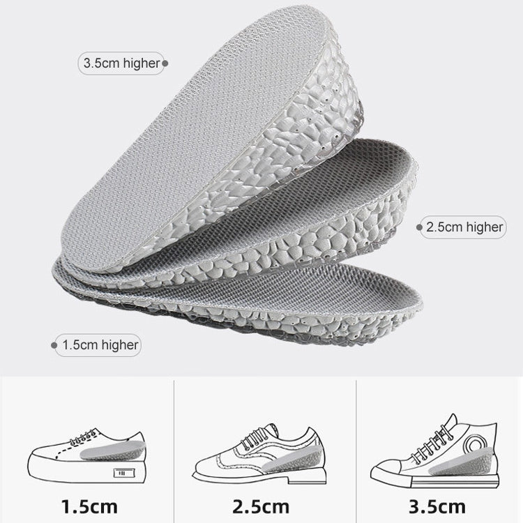 Self-adhesive gray heel lift pads showing cushioning layers for different height boosts