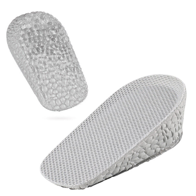 Gray heel heightening insole pad with breathable fabric top and textured gray underside