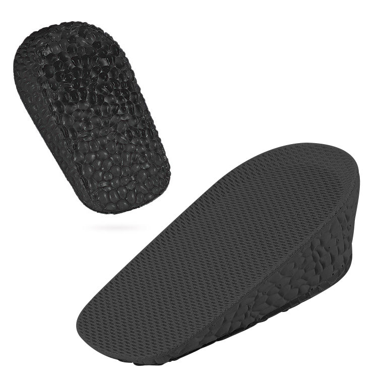Dark gray heel heightening insole pad with breathable fabric top and textured underside