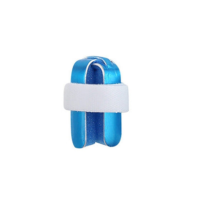Blue and white finger splint with two wraps securing a straight protective cover