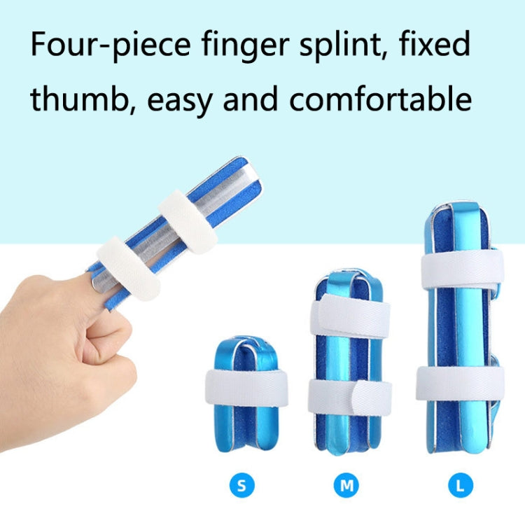 Set of blue finger splints in S, M, and L sizes with white securing bands