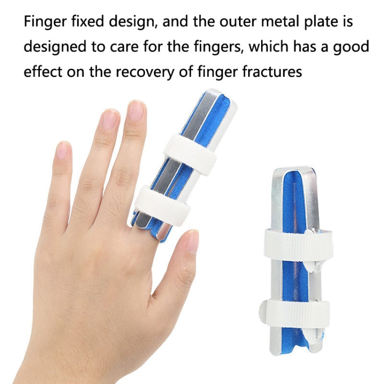 Finger splint with rigid outer plate and white double straps on hand and finger