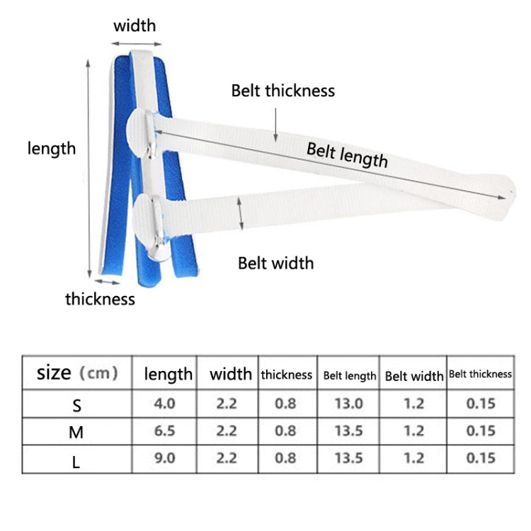 Finger splint size chart showing S, M, L dimensions and belt measurements