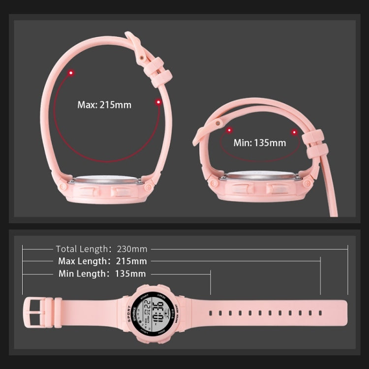 SYNOKE pink silicone sport watch with size guide showing length range