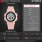 SYNOKE 9109 pink sport watch infographic with case and band dimension details
