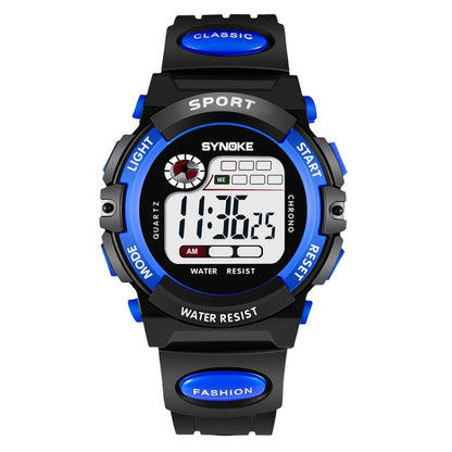 Children's waterproof digital sport watch, black with blue bezel and strap accents