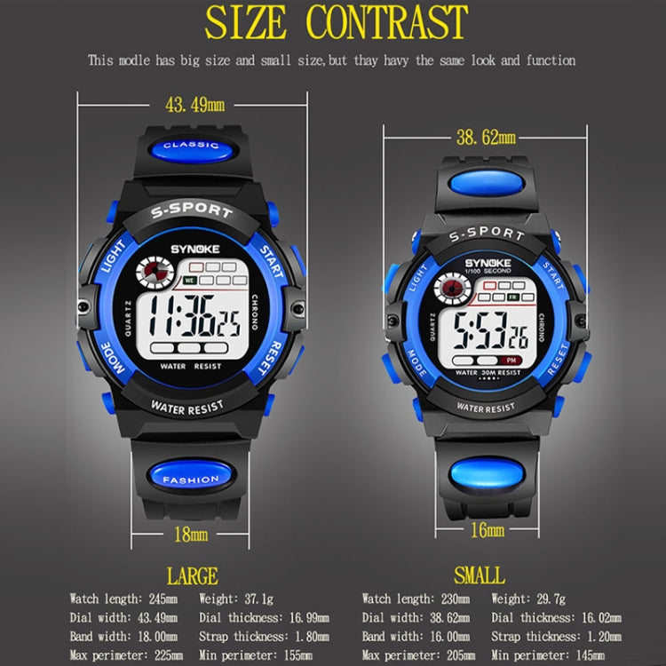 Blue kids digital sports waterproof watch with two size views, large and small